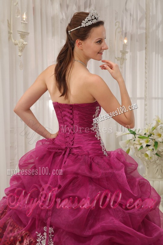 Burgundy Ruched Ball Gown Corset Back Quince Dress with Leopard