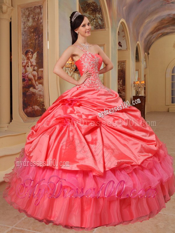Layered Coral Red One shoulder Sweet 15 16 Quinceanera Dress