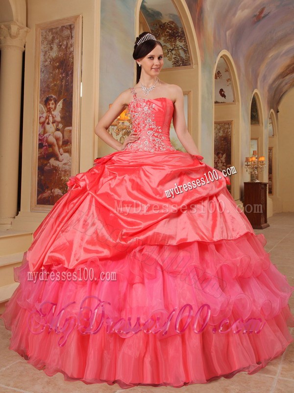 Layered Coral Red One shoulder Sweet 15 16 Quinceanera Dress