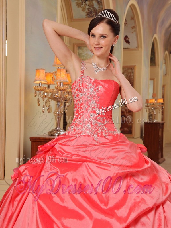 Layered Coral Red One shoulder Sweet 15 16 Quinceanera Dress