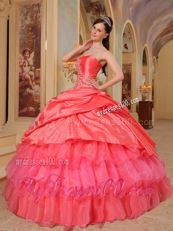 Layered Coral Red One shoulder Sweet 15 16 Quinceanera Dress