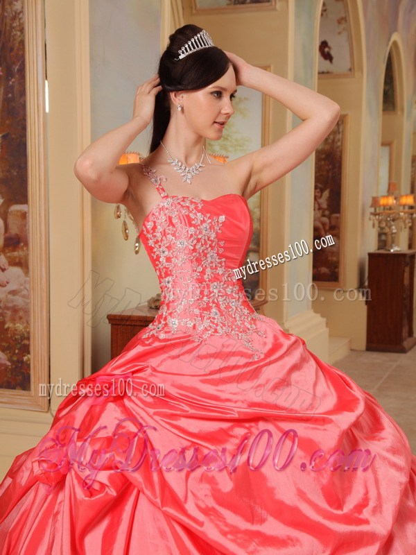Layered Coral Red One shoulder Sweet 15 16 Quinceanera Dress