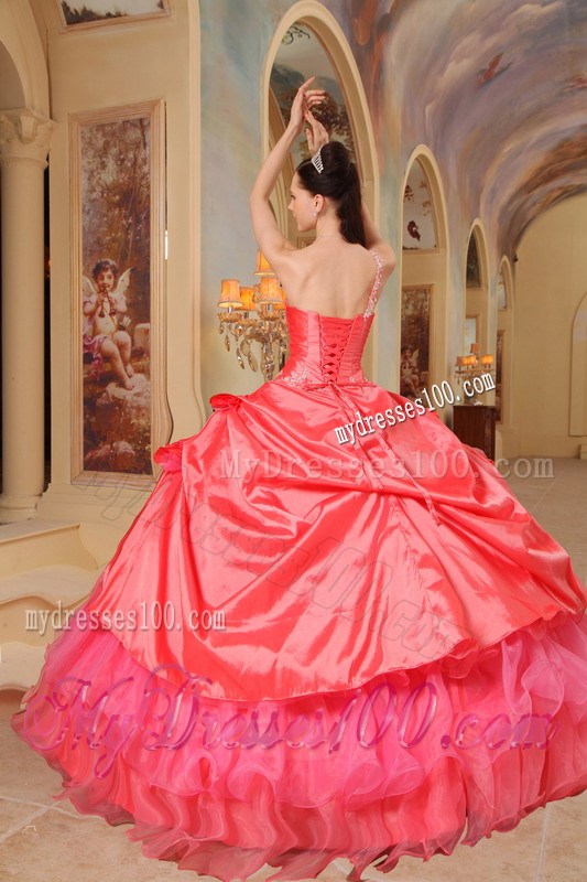 Layered Coral Red One shoulder Sweet 15 16 Quinceanera Dress