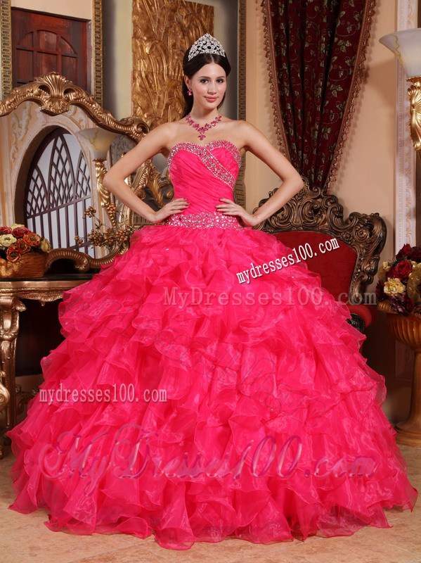 Coral Red Puffy Taffeta Dresses for Quinceanera with Rhinestones
