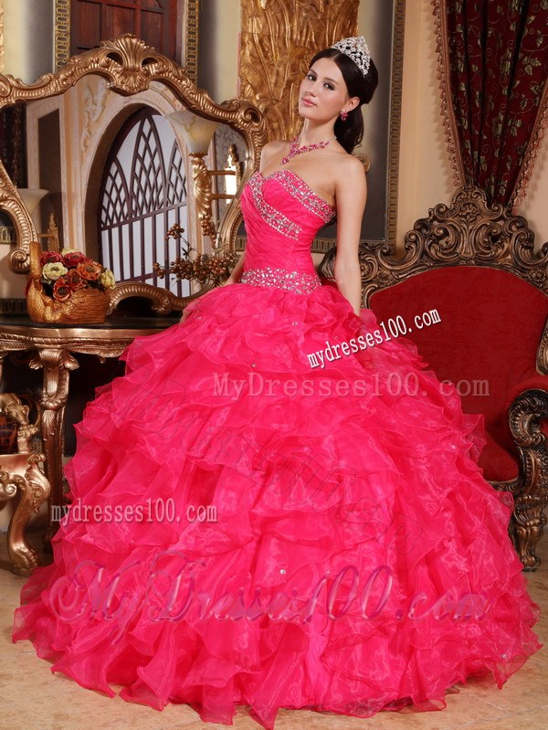 Coral Red Puffy Taffeta Dresses for Quinceanera with Rhinestones