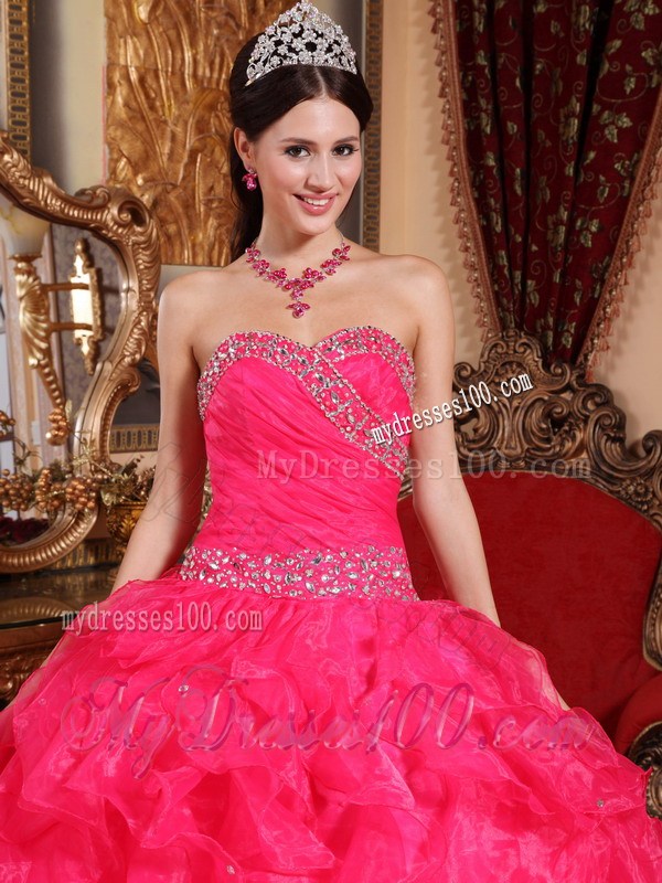Coral Red Puffy Taffeta Dresses for Quinceanera with Rhinestones