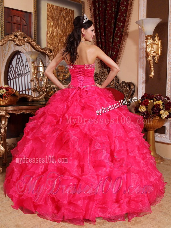 Coral Red Puffy Taffeta Dresses for Quinceanera with Rhinestones