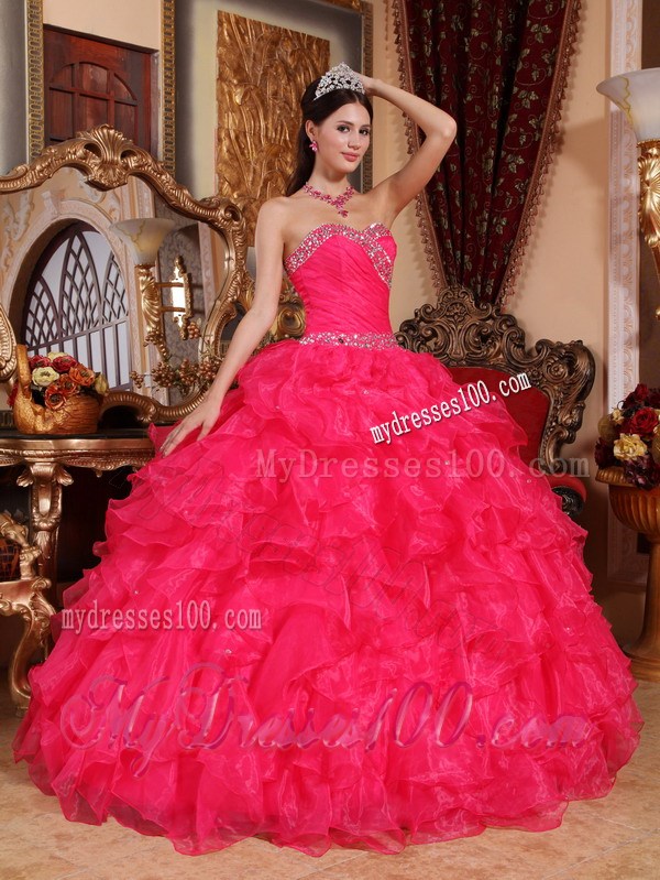 Coral Red Puffy Taffeta Dresses for Quinceanera with Rhinestones