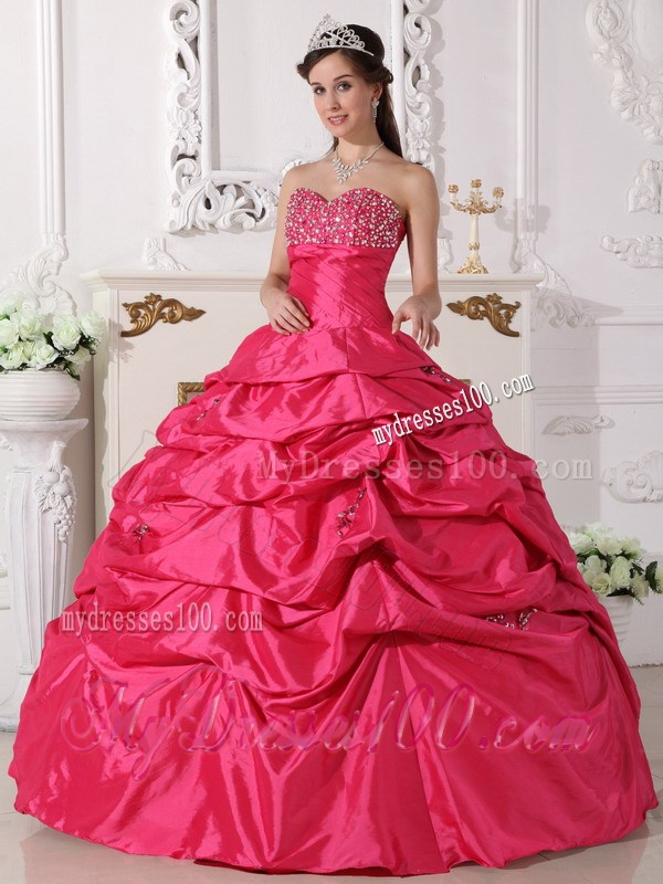 Coral Red Ball Gown Sweetheart Beading Quinceanera Dress with Pick-ups