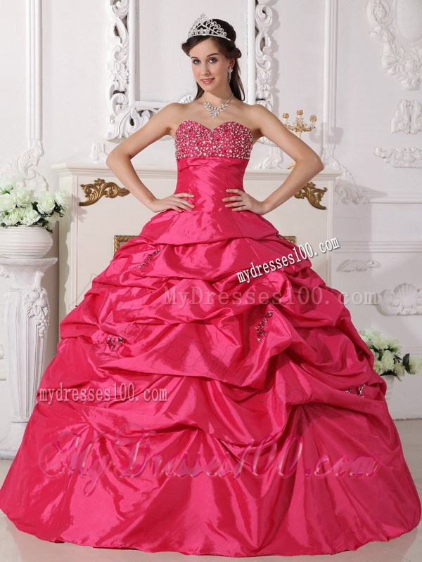 Coral Red Ball Gown Sweetheart Beading Quinceanera Dress with Pick-ups