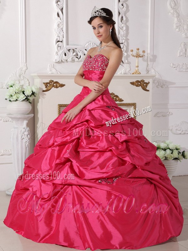 Coral Red Ball Gown Sweetheart Beading Quinceanera Dress with Pick-ups