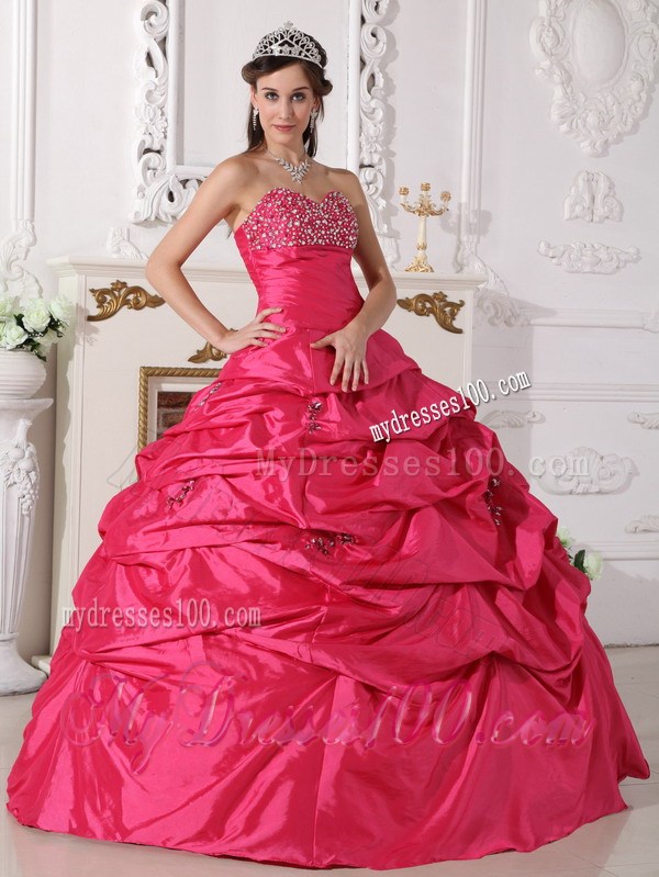 Coral Red Ball Gown Sweetheart Beading Quinceanera Dress with Pick-ups