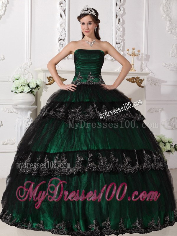 Wonderful Dark Green Appliques Hem Corset Back Quince Dresses