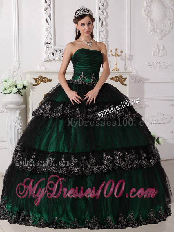 Wonderful Dark Green Appliques Hem Corset Back Quince Dresses