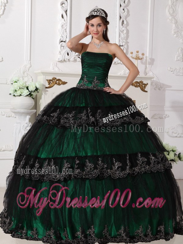Wonderful Dark Green Appliques Hem Corset Back Quince Dresses