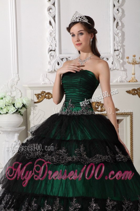 Wonderful Dark Green Appliques Hem Corset Back Quince Dresses