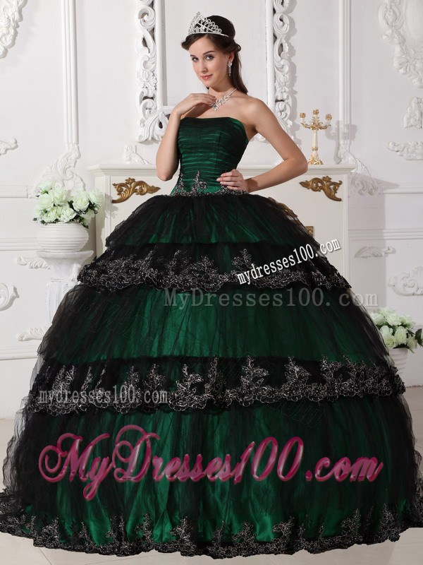 Wonderful Dark Green Appliques Hem Corset Back Quince Dresses