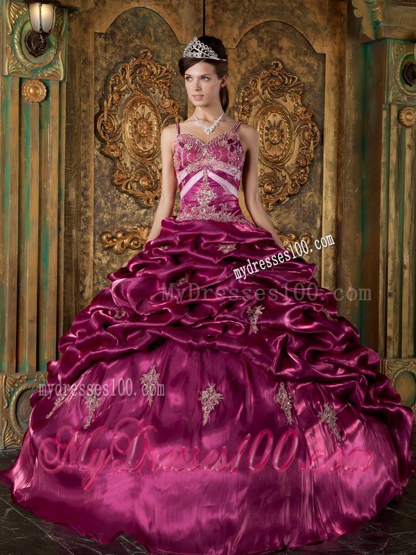Spaghetti Straps and V-neck Ruched Quince Dress in Fuchsia