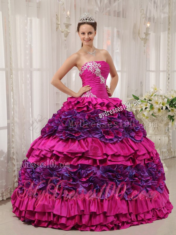 Fuchsia and Pink Ruched Lace-up Puffy Dresses for Quince