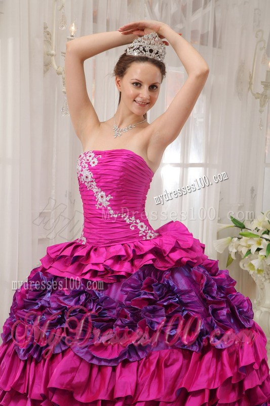 Fuchsia and Pink Ruched Lace-up Puffy Dresses for Quince