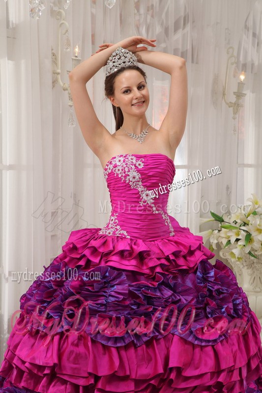 Fuchsia and Pink Ruched Lace-up Puffy Dresses for Quince