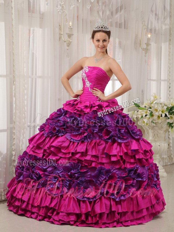 Fuchsia and Pink Ruched Lace-up Puffy Dresses for Quince