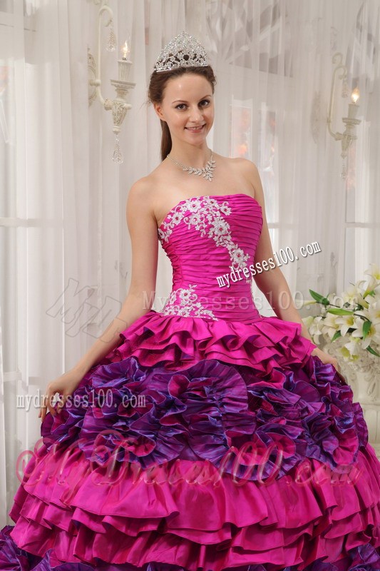 Fuchsia and Pink Ruched Lace-up Puffy Dresses for Quince