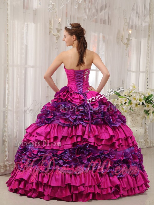 Fuchsia and Pink Ruched Lace-up Puffy Dresses for Quince
