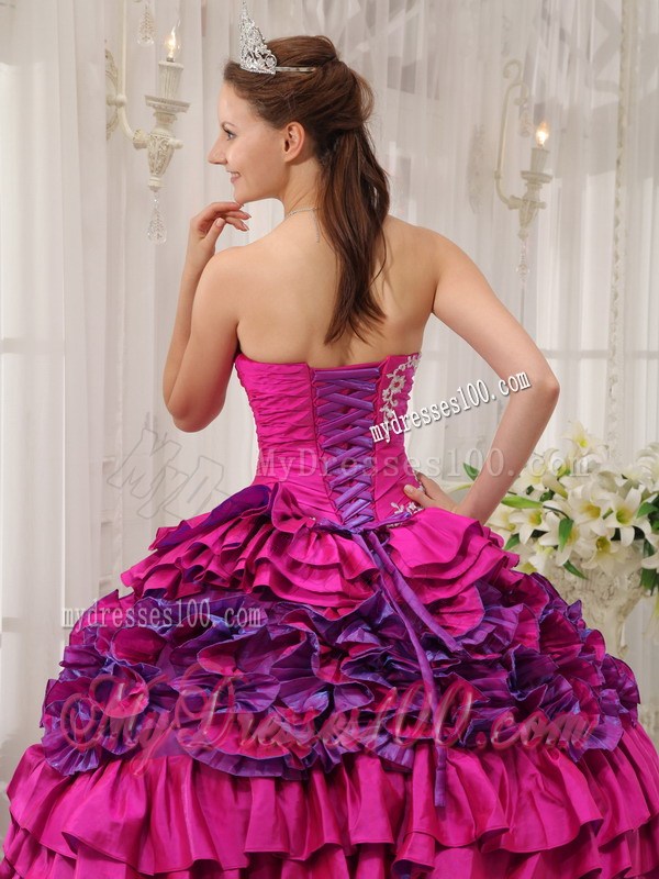Fuchsia and Pink Ruched Lace-up Puffy Dresses for Quince