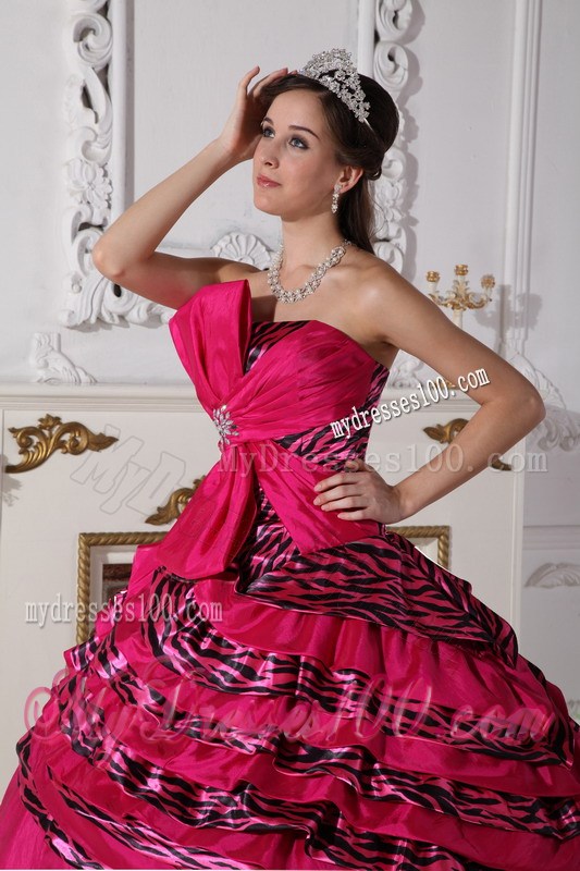 Fuchsia Ball Gown Strapless Zebra Beading Beaded Quinceanera Dress