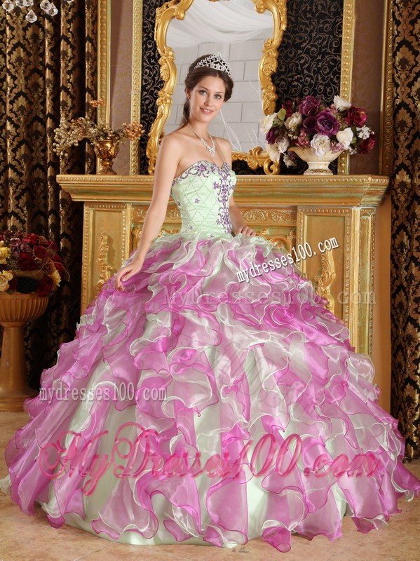 Apple Green and Pink Ruched Quinceanera Dresses with Embroidery