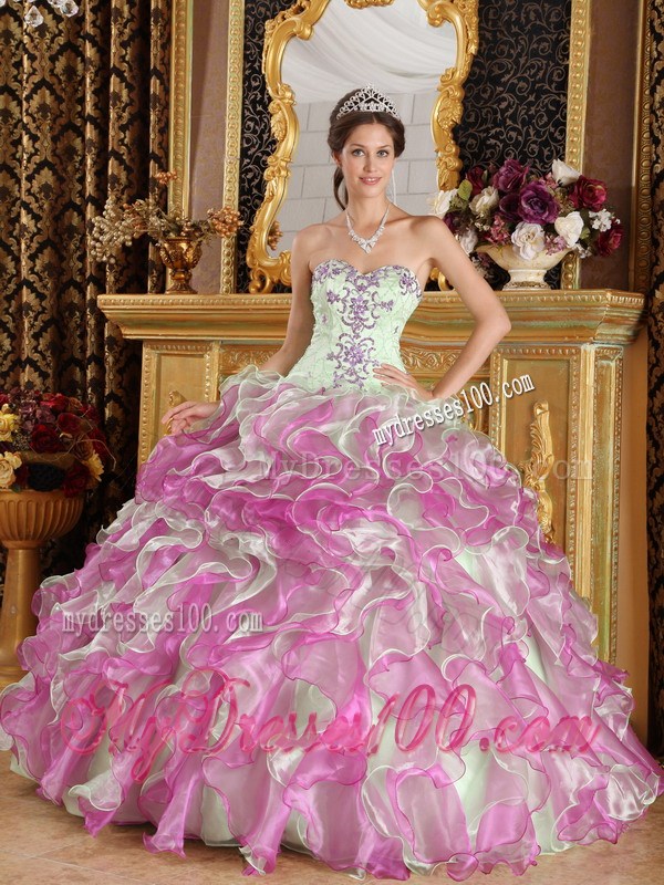Apple Green and Pink Ruched Quinceanera Dresses with Embroidery