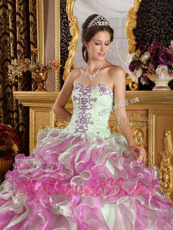Apple Green and Pink Ruched Quinceanera Dresses with Embroidery