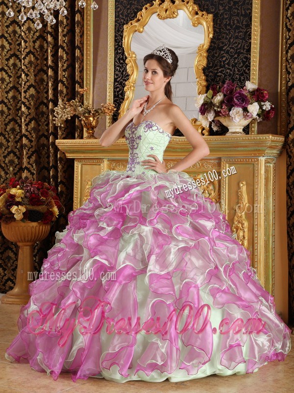 Apple Green and Pink Ruched Quinceanera Dresses with Embroidery