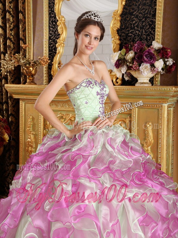 Apple Green and Pink Ruched Quinceanera Dresses with Embroidery