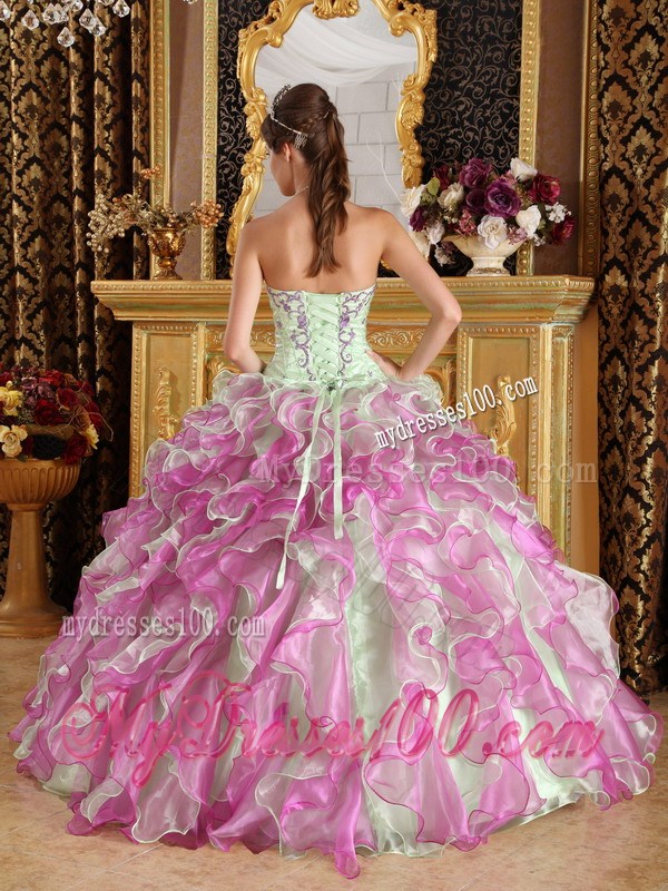 Apple Green and Pink Ruched Quinceanera Dresses with Embroidery