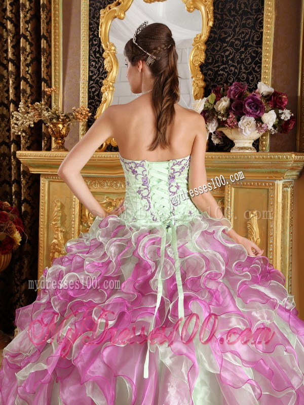 Apple Green and Pink Ruched Quinceanera Dresses with Embroidery
