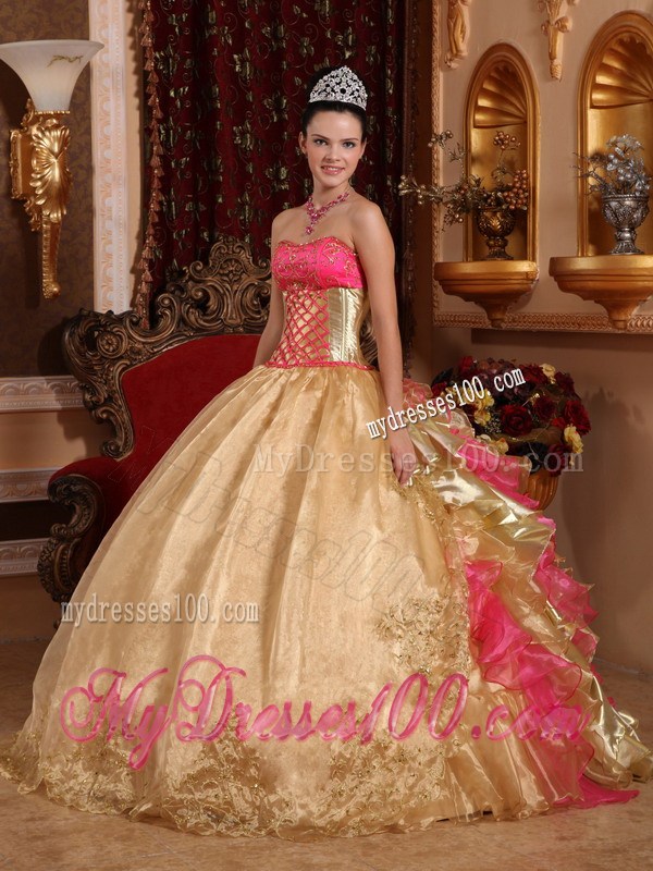 Unique Gold and Pink Ruched Back Floor-length Quince Dresses