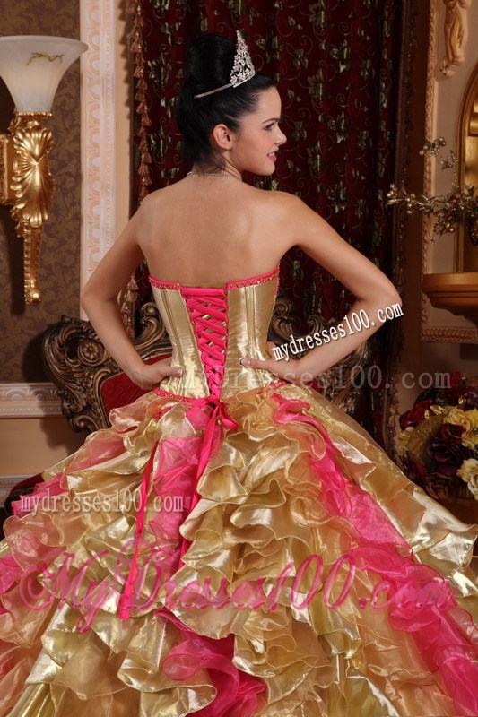 Unique Gold and Pink Ruched Back Floor-length Quince Dresses
