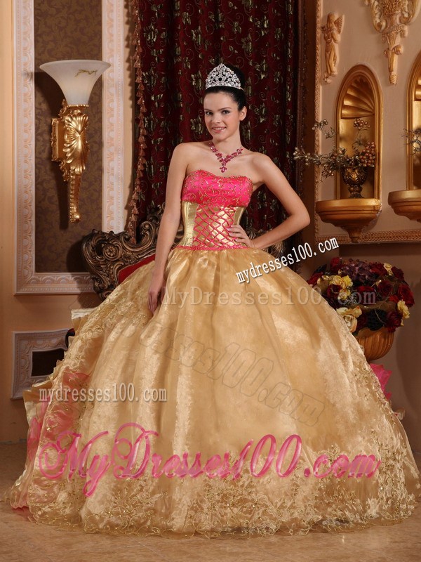 Unique Gold and Pink Ruched Back Floor-length Quince Dresses
