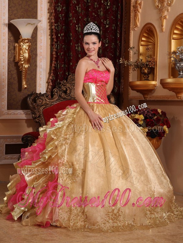 Unique Gold and Pink Ruched Back Floor-length Quince Dresses