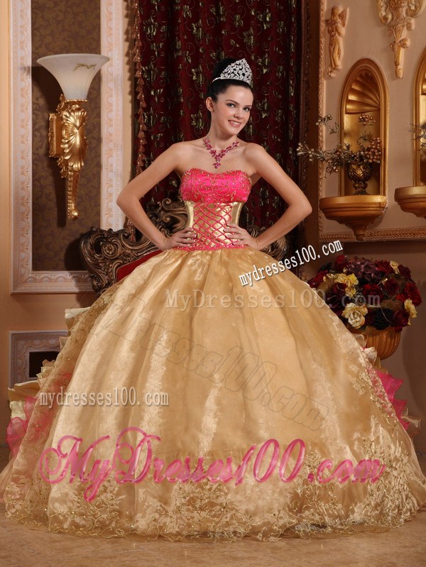Unique Gold and Pink Ruched Back Floor-length Quince Dresses