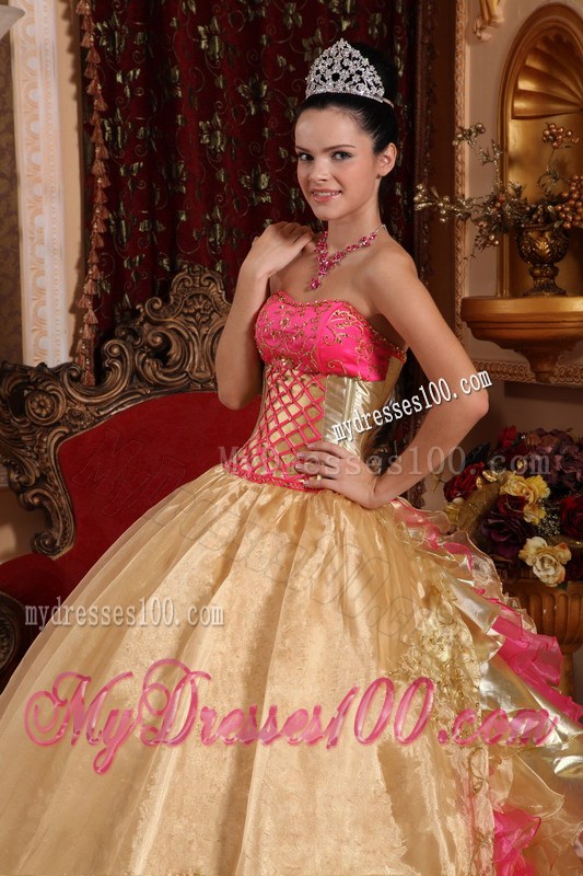 Unique Gold and Pink Ruched Back Floor-length Quince Dresses