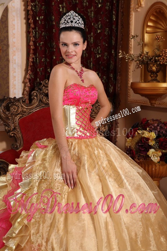 Unique Gold and Pink Ruched Back Floor-length Quince Dresses