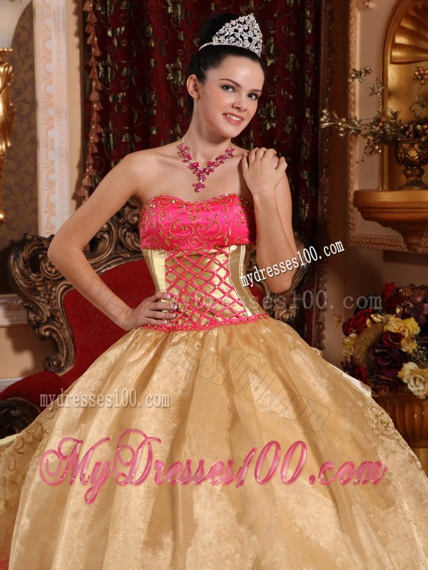 Unique Gold and Pink Ruched Back Floor-length Quince Dresses