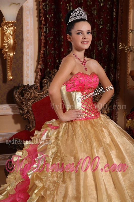 Unique Gold and Pink Ruched Back Floor-length Quince Dresses