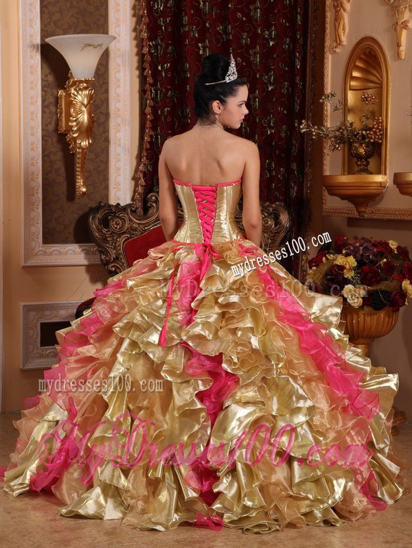 Unique Gold and Pink Ruched Back Floor-length Quince Dresses