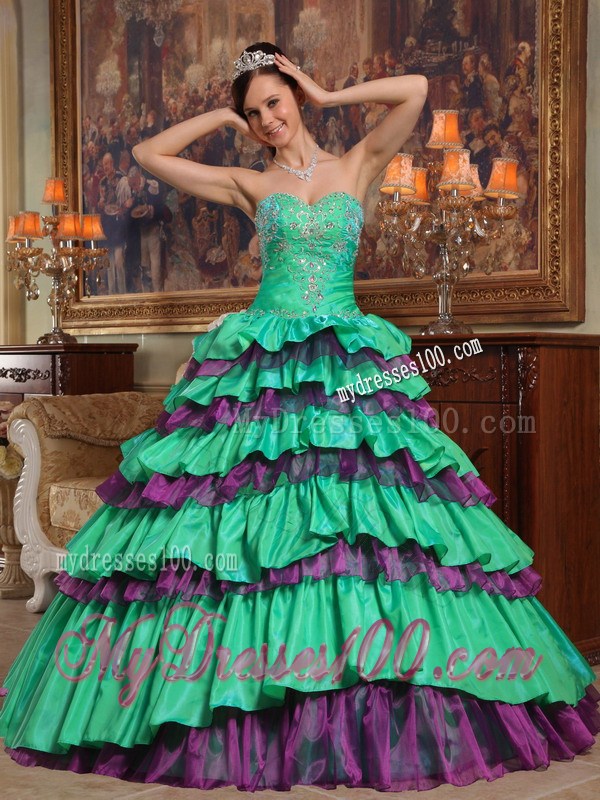 Green Puffy Quinceanera Dress with Purple Rushed Hem