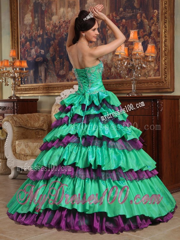 Green Puffy Quinceanera Dress with Purple Rushed Hem