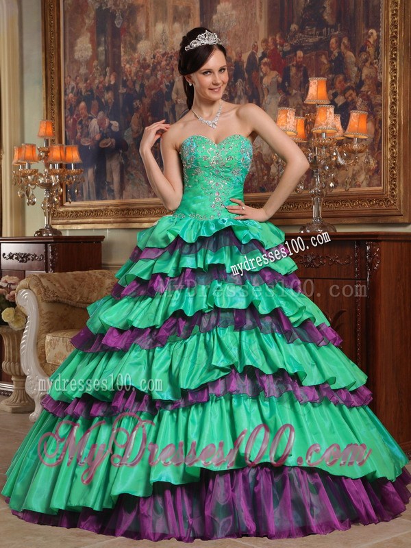 Green Puffy Quinceanera Dress with Purple Rushed Hem